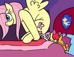 Size: 783x602 | Tagged: safe, artist:jargon scott, imported from derpibooru, imported from ponybooru, apple bloom, applejack, fluttershy, scootaloo, sweetie belle, earth pony, pegasus, pony, unicorn, stare master, bed, bent over, c:, context is for the weak, cutie mark crusaders, female, filly, mare, no tail, out of character, pillow, sleeping, smiling, spread wings, the powerpuff girls, this will end in tears, wat, wings