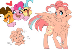 Size: 1280x853 | Tagged: safe, artist:peachydust, imported from derpibooru, cheese sandwich, pinkie pie, princess skystar, oc, oc:bumblesweet, classical hippogriff, earth pony, hippogriff, hybrid, pony, my little pony: the movie, bisexual, cheesepie, cheeseskypie, chest fluff, feathered fetlocks, female, hug, interspecies offspring, lesbian, magical threesome spawn, male, offspring, parent:cheese sandwich, parent:pinkie pie, parent:princess skystar, parents:cheeseskypie, polyamory, shipping, simple background, skypie, straight, white background