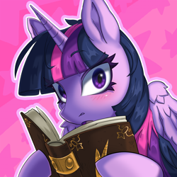 Size: 3000x3000 | Tagged: safe, artist:porcelanowyokular, imported from derpibooru, twilight sparkle, alicorn, pony, blushing, book, book of harmony, bust, cute, high res, looking at you, open mouth, pink background, portrait, reading, simple background, solo, stars, surprised, twiabetes, twilight sparkle (alicorn)