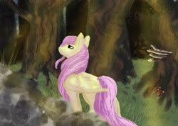 Size: 2520x1795 | Tagged: safe, artist:grimsouth135, imported from derpibooru, fluttershy, pegasus, pony, facing away, female, forest, mare, solo