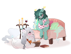 Size: 2500x1900 | Tagged: safe, artist:shady-bush, imported from derpibooru, oc, oc only, oc:eucalyptus, oc:misbeliever, original species, pony, scented pony, book, candle, closed species, female, lying down, male, mare, pillow, prone, simple background, stallion, transparent background