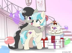 Size: 995x725 | Tagged: safe, artist:octavymlp, imported from derpibooru, coco pommel, octavia melody, earth pony, pony, balloon, birthday cake, cake, cocobetes, cute, duo, female, food, hug, mare, mickey balloon, present, raised hoof, tavibetes