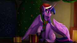 Size: 3840x2160 | Tagged: safe, artist:tenebrisnoctus, imported from derpibooru, twilight sparkle, alicorn, pony, christmas, christmas tree, clothes, female, hat, hearth's warming, holiday, mare, present, santa hat, scarf, sitting, solo, tree, twilight sparkle (alicorn)