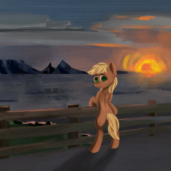 Size: 1280x1280 | Tagged: safe, artist:meodaiduoi, imported from derpibooru, applejack, pony, fence, looking at you, looking back, looking back at you, solo, standing, sunset