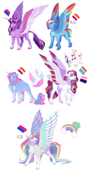 Size: 3900x7500 | Tagged: safe, artist:uunicornicc, imported from derpibooru, rainbow dash, twilight sparkle, oc, oc:bird song, oc:lucky wish, oc:summer ballad, alicorn, pegasus, pony, unicorn, alicorn oc, bisexual pride flag, cloven hooves, colored wings, cutie mark, ear fluff, female, filly, genderfluid pride flag, horn, leonine tail, lesbian, lesbian pride flag, magical lesbian spawn, mare, multicolored wings, offspring, parent:rainbow dash, parent:twilight sparkle, parents:twidash, pride, pride flag, shipping, simple background, spread wings, tail feathers, twidash, twilight sparkle (alicorn), unshorn fetlocks, white background, wings