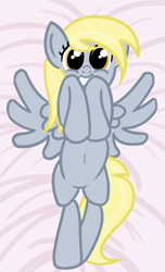 Size: 673x1106 | Tagged: safe, artist:dafiltafish, imported from derpibooru, derpy hooves, pegasus, pony, cute, dakimakura cover, derpabetes, pink sheets, solo