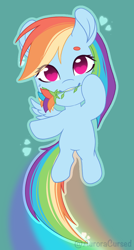 Size: 1060x1976 | Tagged: safe, artist:auroracursed, imported from derpibooru, rainbow dash, pegasus, pony, chibi, cute, dashabetes, female, flower, flower in mouth, flying, heart eyes, mare, mouth hold, rose, simple background, smiling, solo, teeth, wingding eyes