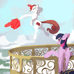 Size: 3000x3000 | Tagged: safe, artist:nsilverdraws, imported from derpibooru, twilight sparkle, oc, oc:razlad, alicorn, pony, balcony, canterlot, cigarette, corrupted, devil, disembodied hand, done with your shit, equestria, floating, hand, helix horn, horn, magic finger, pointing, smiling, trading, twilight sparkle (alicorn)