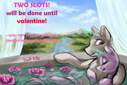 Size: 3232x2171 | Tagged: artist needed, safe, imported from derpibooru, oc, oc only, pony, bath, chillaxing, cloud, commission, couple, cuddling, curtains, eyes closed, flower, forest, mountain, open commission, relaxing, river, romantic, rose, scenery, sky, smiling, water