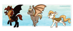 Size: 2400x1016 | Tagged: safe, artist:inuhoshi-to-darkpen, imported from derpibooru, oc, oc only, bat pony, pony, bat pony oc, bat wings, female, filly, open mouth, spread wings, trio, wings