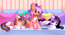 Size: 5222x2871 | Tagged: safe, artist:airiniblock, imported from derpibooru, oc, oc only, oc:breezy, oc:michelle, earth pony, pegasus, pony, chest fluff, collar, couch, high res, pale belly, pegasus oc, pets, plushie, pony oc, rcf community, sleeping, trio, white belly, wings