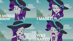 Size: 2000x1125 | Tagged: safe, edit, edited screencap, editor:quoterific, imported from derpibooru, screencap, rarity, equestria girls, equestria girls series, lost and found, belly button, bikini, bikini top, clothes, eyes closed, female, freakout, geode of shielding, hat, magical geodes, marshmelodrama, my ear was naked, open mouth, rarity being rarity, rarity's purple bikini, solo, sun hat, swimsuit, teeth