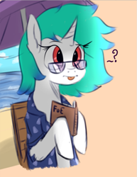 Size: 587x760 | Tagged: safe, artist:mjsw, imported from derpibooru, oc, oc only, oc:aurora ise, pony, unicorn, beach, book, glasses, oc unicorn, sketch, solo, tongue out