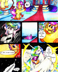 Size: 797x1003 | Tagged: safe, artist:liaaqila, imported from derpibooru, princess celestia, scootaloo, alicorn, pegasus, pony, alektorophobia, animal costume, chicken suit, clothes, comic, costume, crying, cute, cutealoo, cutelestia, dialogue, grammar error, hug, moon, pony cannonball, scared, scaredlestia, scootachicken, smiling, speech bubble, tears of joy, that princess sure is afraid of chickens, throne room, to the moon, traditional art, trap (device), trap door, twinkle in the sky, winghug, wings