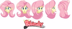 Size: 4096x1634 | Tagged: safe, artist:ribiruby, imported from derpibooru, fluttershy, equestria girls, :o, behind, context in description, female, head only, looking at you, open mouth, side view, simple background, solo, watermark, white background