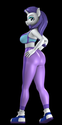 Size: 2000x4000 | Tagged: safe, artist:argos90, imported from derpibooru, rarity, anthro, plantigrade anthro, unicorn, 3d, ass, black background, breasts, busty rarity, butt, clothes, female, hand on hip, hands on hip, leggings, looking at you, no tail, pants, rearity, shorts, simple background, solo, sports bra, sports shorts, tight clothing