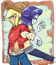 Size: 640x740 | Tagged: safe, artist:batipin, imported from derpibooru, applejack, rarity, equestria girls, blushing, clothes, duo, female, lesbian, linked arms, mouth hold, rarijack, shipping