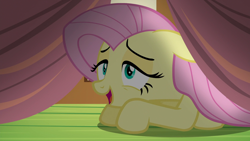 Size: 1920x1080 | Tagged: safe, imported from derpibooru, screencap, fluttershy, pegasus, pony, scare master, exploitable meme, female, lidded eyes, mare, meme, on floor, open mouth, smiling, solo, under the bed