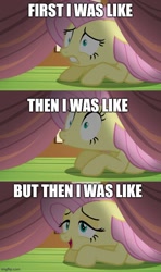 Size: 500x843 | Tagged: safe, edit, edited screencap, imported from derpibooru, screencap, fluttershy, pegasus, pony, scare master, at first i was like but then i was like, caption, comic, exploitable meme, female, gritted teeth, image macro, mare, meme, scared, screencap comic, solo, text, under the bed