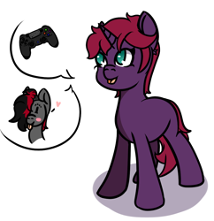 Size: 888x916 | Tagged: safe, artist:lazerblues, imported from derpibooru, oc, oc:bella, oc:strawberry soda, earth pony, pony, unicorn, blush sticker, blushing, controller, joystick, offspring, parent:oc:miss eri, parent:tempest shadow, ponified, simple background, white background