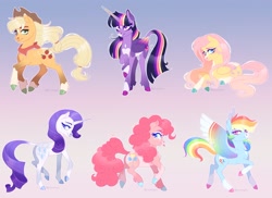 Size: 2585x1885 | Tagged: safe, artist:frostedpuffs, imported from derpibooru, applejack, fluttershy, pinkie pie, rainbow dash, rarity, twilight sparkle, alicorn, earth pony, pegasus, pony, unicorn, alternate design, blaze (coat marking), coat markings, colored hooves, colored wings, cowboy hat, facial markings, feathered fetlocks, gradient background, hat, leonine tail, lidded eyes, looking at you, looking back, mane six, pale belly, raised hoof, raspberry, smiling, socks (coat markings), spread wings, star (coat marking), tongue out, twilight sparkle (alicorn), wings