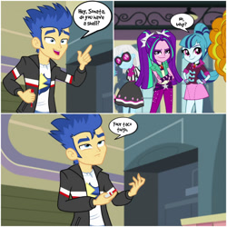 Size: 1400x1400 | Tagged: safe, artist:thor-disciple, imported from derpibooru, adagio dazzle, aria blaze, flash sentry, photo finish, sonata dusk, a banner day, equestria girls, rainbow rocks, joke, king of the hill