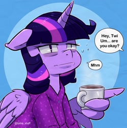 Size: 1193x1200 | Tagged: safe, artist:talimingi, imported from derpibooru, twilight sparkle, alicorn, pony, clothes, coffee, cup, dialogue, drunk bubbles, female, floppy ears, hoodie, mare, morning ponies, offscreen character, solo, tired, twilight sparkle (alicorn), wing hands, wing hold, wings