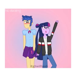 Size: 2000x2000 | Tagged: safe, artist:egtwiflash, edit, imported from derpibooru, flash sentry, twilight sparkle, alicorn, human, equestria girls, art, background human, blushing, clothes, couple, cuties, embarrassed, fanfic art, female, flashlight, happy, love, male, outfit, ponytail, shipping, straight, twilight sparkle (alicorn)