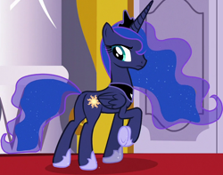 Size: 1102x869 | Tagged: safe, imported from derpibooru, screencap, princess luna, alicorn, pony, a royal problem, butt, cropped, crown, ethereal mane, ethereal tail, female, folded wings, hoof shoes, jewelry, looking back, luna is not amused, mare, moonbutt, peytral, plot, princess shoes, raised hoof, regalia, slim, solo, starry mane, starry tail, swapped cutie marks, tail, unamused, wings