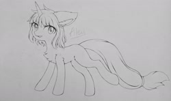 Size: 2156x1279 | Tagged: safe, artist:aleuoliver, artist:aleurajan, imported from derpibooru, oc, oc only, pony, unicorn, chest fluff, female, horn, lineart, mare, monochrome, smiling, solo, traditional art, unicorn oc