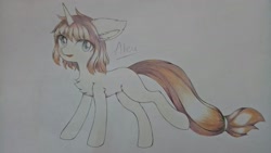 Size: 2275x1279 | Tagged: safe, alternate version, artist:aleuoliver, artist:aleurajan, imported from derpibooru, oc, oc only, pony, unicorn, chest fluff, colored, female, horn, mare, smiling, solo, traditional art, unicorn oc