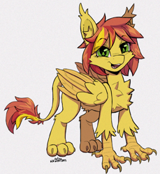 Size: 1354x1476 | Tagged: safe, artist:kotya, imported from derpibooru, oc, oc only, oc:saturn gravity, hippogriff, hybrid, chest fluff, claws, ear fluff, female, looking at you, paws, simple background, smiling, smiling at you, solo, solo female, wings