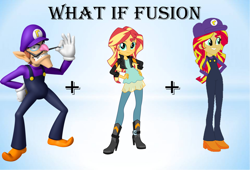 Size: 1280x868 | Tagged: safe, artist:daniotheman, artist:selenaede, artist:sugar-loop, imported from derpibooru, sunset shimmer, human, equestria girls, barely eqg related, base used, clothes, crossover, female, fusion, gloves, hand on hip, hands behind back, hands on hip, long sleeved shirt, long sleeves, male, nintendo, overalls, purple hat, shirt, shoes, super mario bros., undershirt, waluigi, waluigi's hat, waluset
