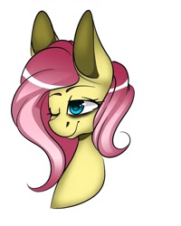 Size: 1080x1350 | Tagged: safe, artist:tessa_key_, imported from derpibooru, fluttershy, pegasus, pony, bags under eyes, bust, female, mare, one eye closed, simple background, smiling, solo, white background, wink