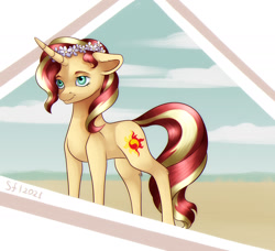 Size: 2000x1825 | Tagged: safe, artist:brilliant-luna, imported from derpibooru, sunset shimmer, pony, unicorn, abstract background, cloud, female, flower, solo, solo female