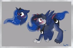 Size: 3055x2000 | Tagged: safe, artist:foxxy-arts, imported from derpibooru, princess luna, oc, oc:zeydaan, alicorn, pony, wolf, character to character, cute, furry, furry to pony, lunabetes, male to female, rule 63, solo, transformation, transgender transformation