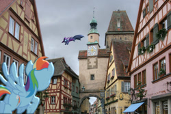 Size: 600x400 | Tagged: safe, edit, imported from derpibooru, vector edit, mare do well, rainbow dash, pegasus, pony, chase, germany, irl, leaping, photo, ponies in real life, rothenburg ob der tauber, vector, village