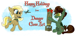 Size: 3100x1600 | Tagged: safe, artist:dangercloseart, imported from derpibooru, oc, oc only, oc:dive siren, oc:kitty hawk, bat pony, pegasus, pony, christmas, cute, duo, eeee, female, filly, holding, holiday, plane, present, rc, remote control, simple background, smiling, smol, white background