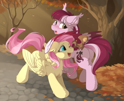 Size: 2700x2200 | Tagged: safe, artist:dreamweaverpony, imported from derpibooru, fluttershy, oc, oc:dusty ember, pegasus, pony, squirrel, autumn, blushing, butt, chest fluff, cute, ear fluff, forest, hoof fluff, one eye closed, open mouth, park, plot, scenery, shyabetes, smiling, that pony sure does love animals, wing fluff, wink