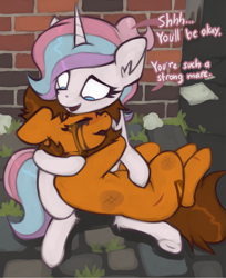 Size: 1563x1916 | Tagged: safe, artist:marsminer, imported from derpibooru, oc, oc only, oc:lullaby star, oc:venus spring, earth pony, pony, unicorn, bruised, comforting, commission, crying, derail in the comments, duo, female, injured