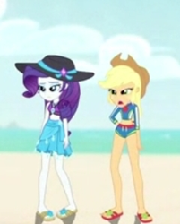 Size: 240x299 | Tagged: safe, imported from derpibooru, screencap, applejack, rarity, aww... baby turtles, equestria girls, equestria girls series, applejack's beach shorts swimsuit, applejack's hat, beach, belly button, bored, clothes, cowboy hat, cropped, duo, female, hand on hip, hat, legs, open mouth, picture for breezies, pigeon toed, rarity's blue sarong, rarity's purple bikini, sandals, sarong, standing, sun hat, swimsuit