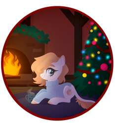 Size: 1024x1100 | Tagged: safe, artist:kabuvee, imported from derpibooru, oc, oc only, earth pony, pony, christmas, christmas tree, female, fireplace, holiday, lying down, mare, prone, solo, tree
