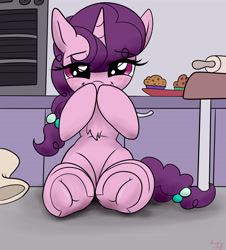 Size: 3800x4200 | Tagged: safe, artist:littlenaughtypony, imported from derpibooru, sugar belle, pony, unicorn, bakery, blushing, chest fluff, cute, fetish, food, frog (hoof), hoof fetish, hoofbutt, looking at you, muffin, oven, smiling, sugarbetes, underhoof