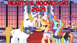 Size: 2064x1161 | Tagged: safe, anonymous artist, imported from derpibooru, fire flare, prince blueblood, sassy saddles, pony, unicorn, 2021, blueflare, bluesaddles, canterlot, female, fireblood, gala, group sex, hearts and hooves day, holiday, looking at you, lucky bastard, male, party, polyamory, prince blueblood gets all the mares, sassyblood, threesome, trio, valentine's day