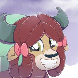 Size: 1024x1024 | Tagged: safe, artist:nnaly, imported from derpibooru, yona, yak, bust, catchlights, cute, female, grin, monkey swings, portrait, quadrupedal, signature, smiling, solo, weapons-grade cute, yonadorable