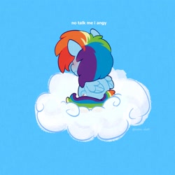 Size: 2500x2500 | Tagged: safe, artist:talimingi, imported from derpibooru, rainbow dash, pegasus, pony, angry, angy, blue background, blushing, cloud, cute, dashabetes, female, high res, madorable, mare, meme, no talk me im angy, on a cloud, ponified animal photo, ponified meme, scrunchy face, simple background, sitting, sky, smol, solo