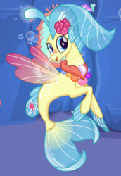 Size: 278x403 | Tagged: safe, artist:unicornsmile, imported from derpibooru, princess skystar, seapony (g4), my little pony: the movie, bioluminescent, blue eyes, bubble, clothes, coral, dorsal fin, female, fin wings, fins, fish tail, flower, flower in hair, flowing mane, flowing tail, freckles, game, jewelry, looking at you, mirror, necklace, pearl necklace, seaquestria, see-through, smiling, solo, tail, underwater, water, wings, wrong cutie mark