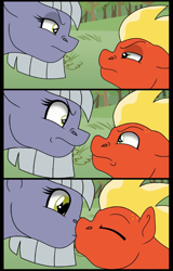 Size: 1024x1596 | Tagged: safe, artist:faitheverlasting, edit, imported from derpibooru, limestone pie, short fuse, earth pony, pegasus, pony, angry, comic, crack shipping, cropped, female, heart eyes, kissing, limefuse, looking at each other, looking at someone, male, mare, shipping, stallion, straight, wingding eyes