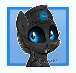 Size: 1082x1044 | Tagged: safe, artist:handgunboi, imported from derpibooru, oc, oc only, oc:gigi, pony, robot, robot pony, black sclera, dell, female, mare, simple background, solo