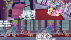 Size: 1986x1117 | Tagged: safe, edit, edited screencap, editor:quoterific, imported from derpibooru, screencap, applejack, fluttershy, pinkie pie, princess celestia, rainbow dash, rarity, twilight sparkle, alicorn, earth pony, pegasus, pony, unicorn, the return of harmony, applejack's hat, cowboy hat, empty, eyes closed, flying, hat, magic, mane six, open mouth, shocked, surprised, unicorn twilight